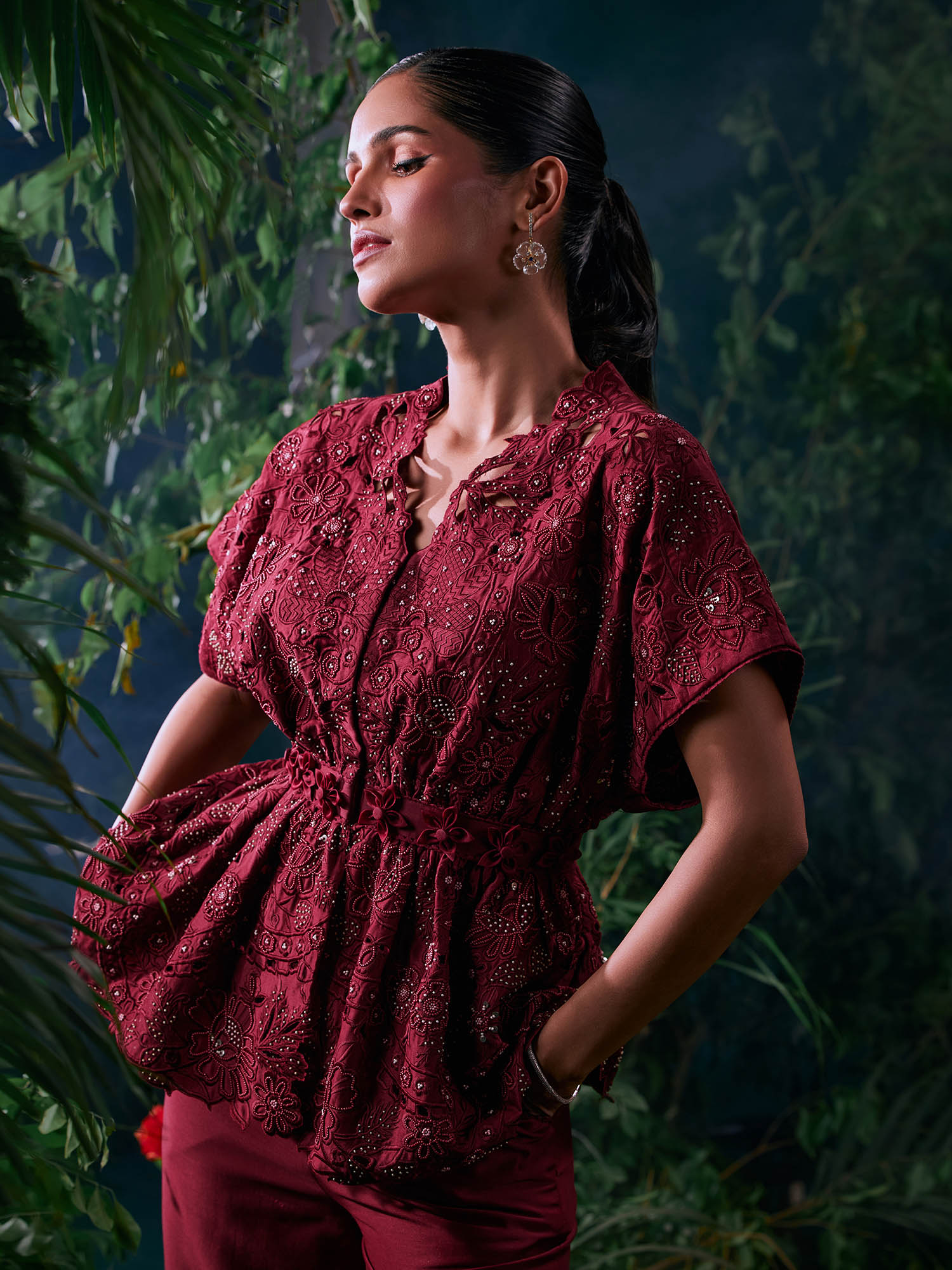 chandrima Wine Chanderi Embroidered Half Sleeves V-Neck Bead Work Jacket-picture-43