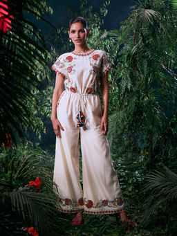 CHANDRIMA - Ivory Chanderi Floral Half Sleeves Round Neck Bead Work Jumpsuit