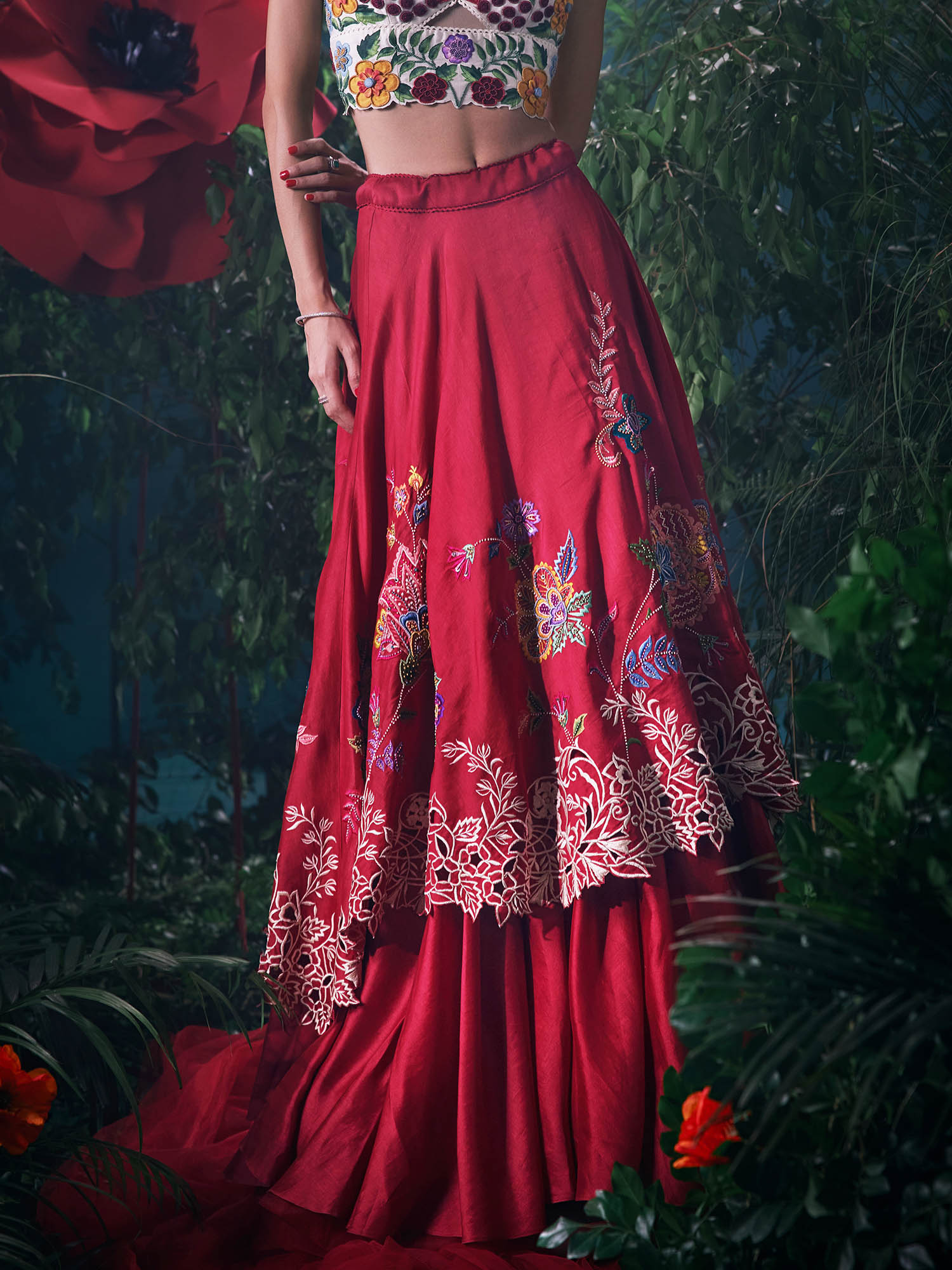 chandrima Red Chanderi Floral Bead Work Skirt-picture-11