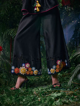 CHANDRIMA - Black Chanderi Floral Bead Work Pant