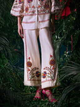 CHANDRIMA - Ivory Chanderi Floral Bead Work Pant