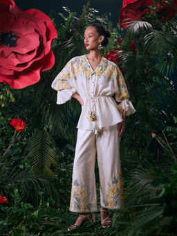 CHANDRIMA - Ivory Chanderi Floral Bead Work Pant