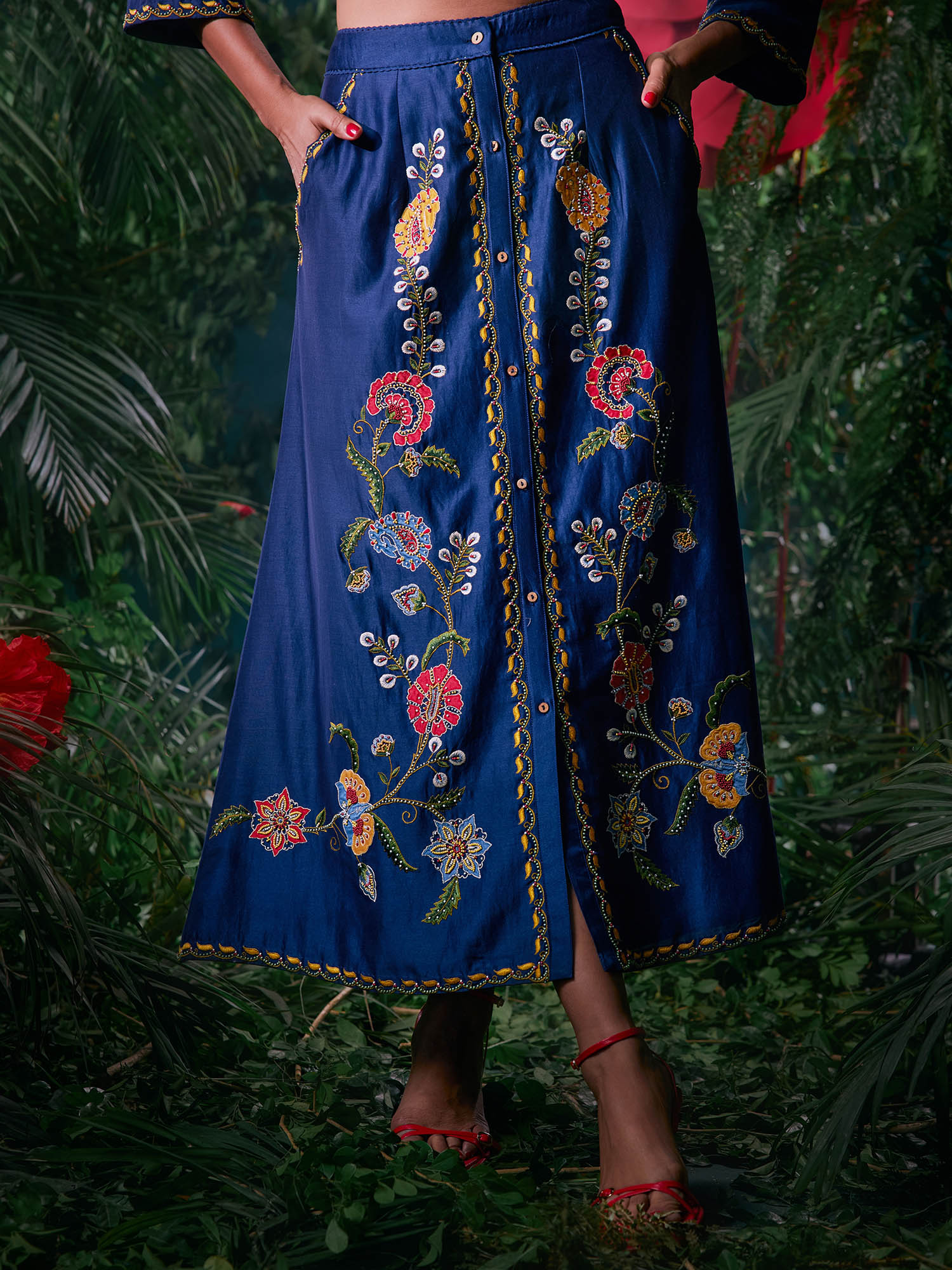 chandrima Navy Blue Chanderi Floral Bead Work Skirt-picture-25