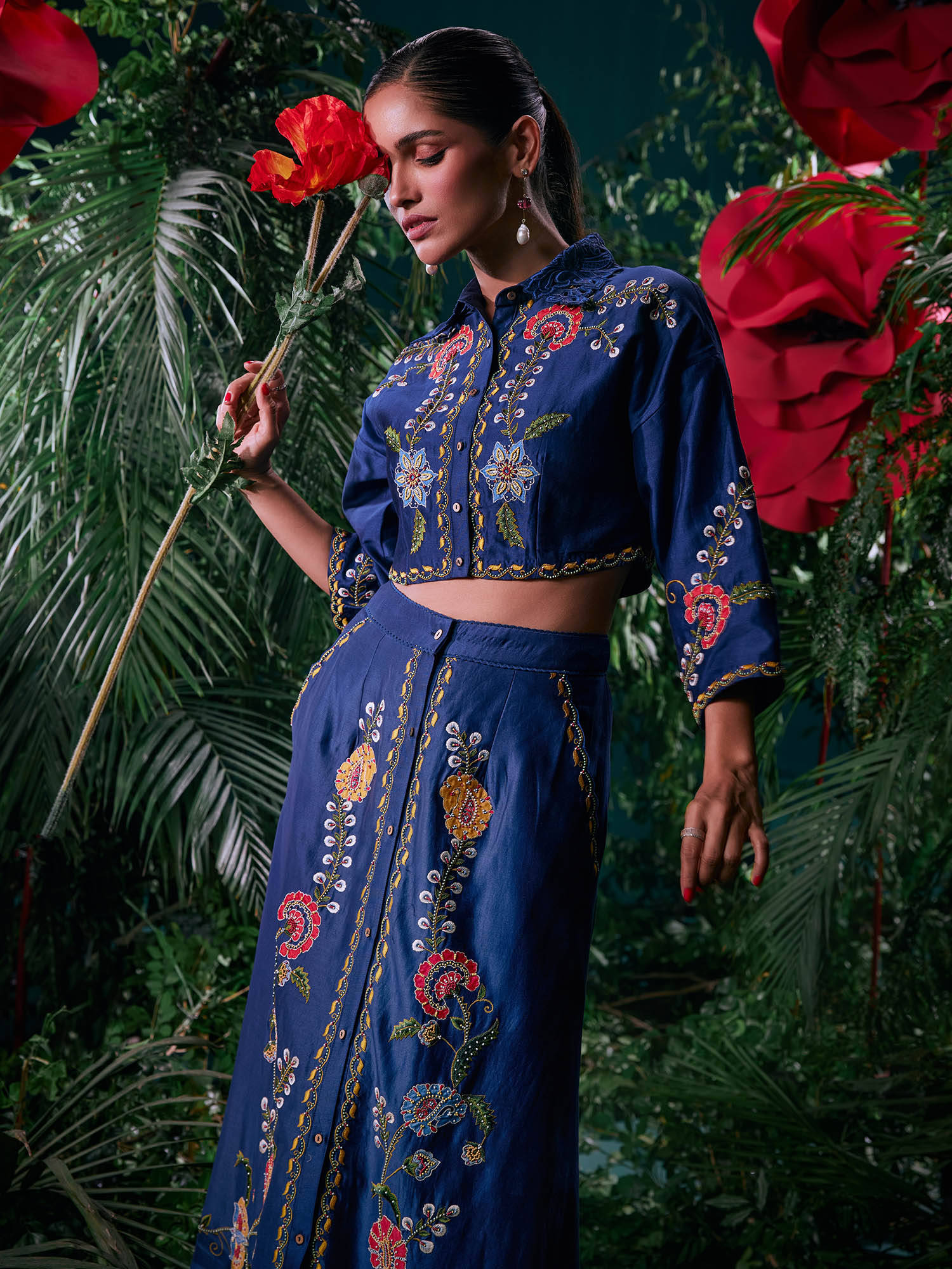 Buy CHANDRIMA Navy Blue Chanderi Floral Bead Work Skirt Online