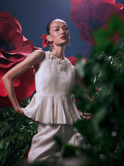 CHANDRIMA - Ivory Chanderi Floral Sleeveless Crew Neck Top