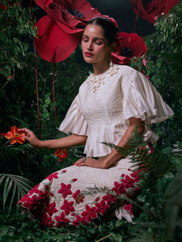 CHANDRIMA - Ivory Chanderi Floral Flared Sleeves Crew Neck Thread Work Top