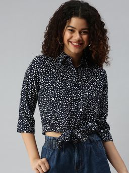 SHOWOFFFF - Women Collar Neck Three Fourth Sleeves Polka Dots Navy Blue Top