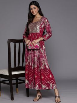 Libas - Magenta All-Over Printed & Sequins Yoke Design Fit & Flared Dress