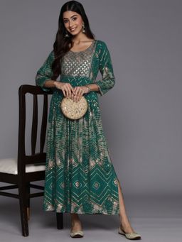 Libas - Green All-Over Printed & Sequins Yoke Design Fit & Flared Dress