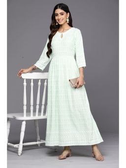 Libas - Green All-Over Floral Embroidered Fit & Flared & One Sided Pocket Maxi Dress