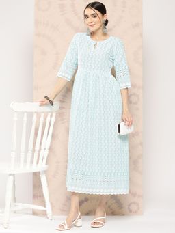 Libas - Blue Floral Embroidered Fit & Flare Dress