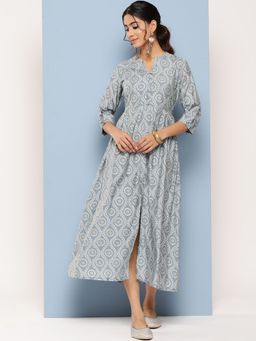 Libas - Grey Ethnic Printed with Front Slit One Sided Pocket Fit & Flare Midi Dress