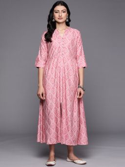 Libas - Pink Ethnic Printed with Front Slit One Sided Pocket Fit & Flare Maxi Dress