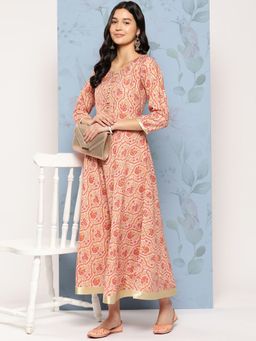 Libas - Peach Floral Printed with One Sided Pocket Fit & Flare Maxi Dress