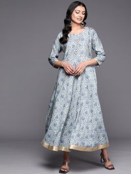 Libas - Grey Floral Printed with One Sided Pocket Fit & Flare Maxi Dress