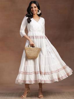 Libas - White Printed Pure Anarkali Dress