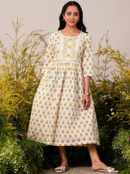 Libas - White Floral Printed Dress with Embroidered Yoke & Pleated Style with Pocket