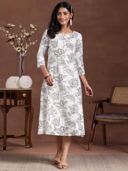 Libas - White & Grey Floral Printed Panelled A-Line Dress