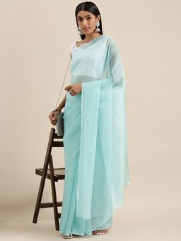 Akhilam - Womens Organza Turquoise Solid Celebrity Saree with Unstitched Blouse