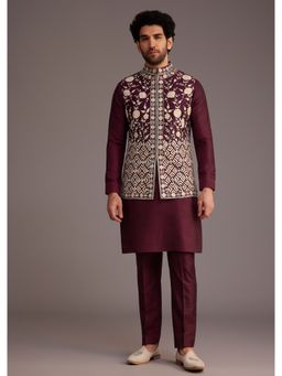 KALKI FASHION - Wine Floral Embroidered Jacket Kurta Set