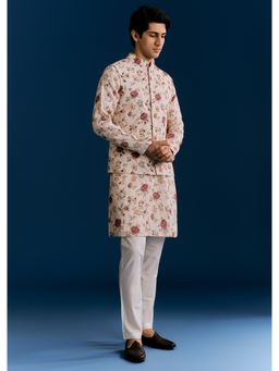 KALKI FASHION - Beige Linen Kurta Jacket Set with Sequins and Thread Embroidery