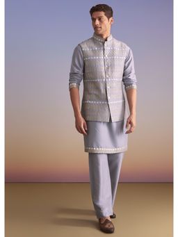 KALKI FASHION - Purple Silk Kurta Jacket Set for Men with Mirror Zari and Resham Work