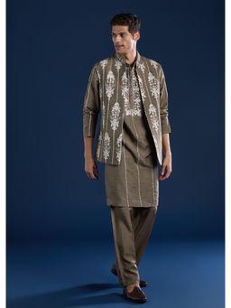 KALKI FASHION - Grey Silk Jacket Kurta Set with Zari Work