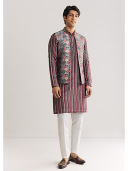 KALKI FASHION - Grey Rawsilk Jacket Kurta Set with Cut Dana and Stone