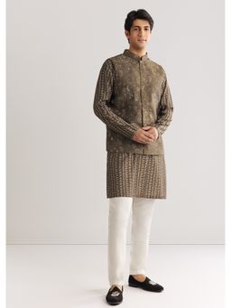 KALKI FASHION - Brown Chanderi Silk Jacket Kurta Set with Mirror and Stone Work