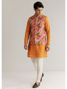 KALKI FASHION - Mustard Yellow Silk 3D Crystal Pearl Floral Kurta Jacket Set