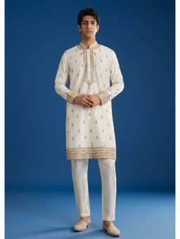 KALKI FASHION - White Rawsilk Kurta Set with Zari Sequins and Cut Dana