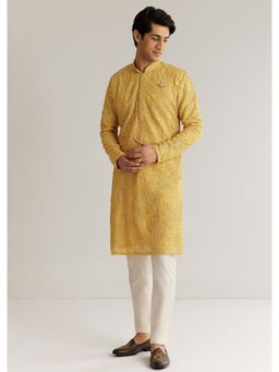 KALKI FASHION - Yellow Tissue Resham Embroidered Kurta Set with Cutdana Beads