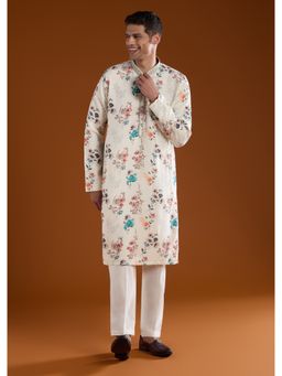 KALKI FASHION - Off White Silk Linen Printed Kurta Set with Threadwork
