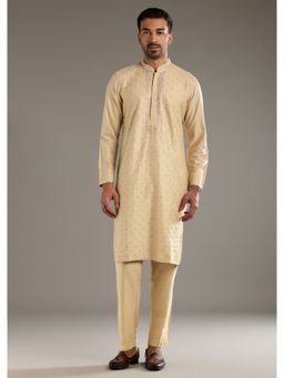 KALKI FASHION - Beige Banarasi Silk Kurta Set for Men with Pure Hand Embroidery
