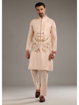 KALKI FASHION - Peach Banarasi Silk Kurta Jacket Set for Men with Heavy Hand Embroidery