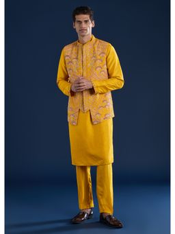KALKI FASHION - Yellow Banarasi Silk Jacket Kurta Set with Zardozi Work