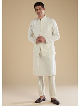 KALKI FASHION - Off White Banarasi Silk Jacket Kurta Set with Cutdana Work
