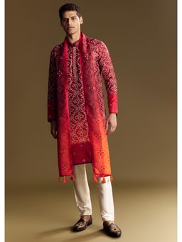 KALKI FASHION - Red Ombre Kurta Set with Detailed Mirror Work
