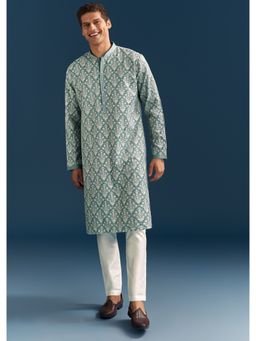 KALKI FASHION - Teal Blue Silk Kurta Set for Men with Thread Work