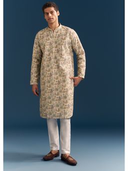 KALKI FASHION - Beige Silk Floral Kurta Set for Men with Thread Embroidery