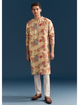 KALKI FASHION - Beige Silk Floral Kurta Set for Men with Mirror Embroidery