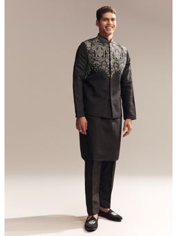 KALKI FASHION - Black Silk Kurta Jacket Set for Men with Zari Cut Work