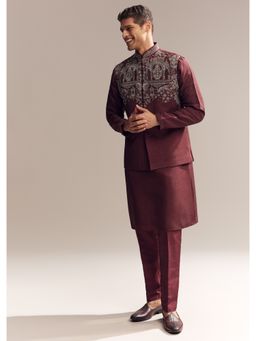 KALKI FASHION - Red Silk Kurta Jacket Set for Men with Heavy Hand Work