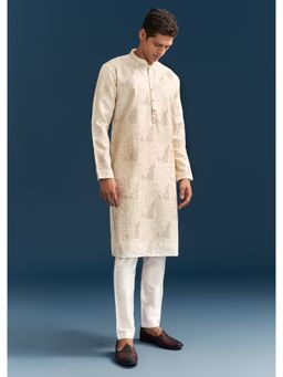 KALKI FASHION - Off-White Linen Kurta Set for Men with Mirror Embroidery