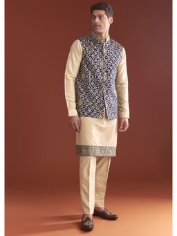KALKI FASHION - Blue Silk Bandhani Kurta Jacket Set for Men with Geometric Motifs