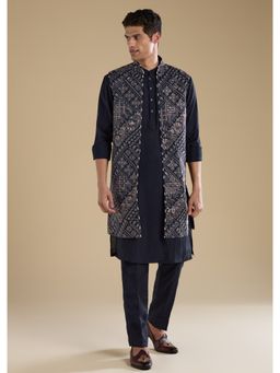 KALKI FASHION - Navy Blue Jacquard Silk Jacket Kurta Set with Resham