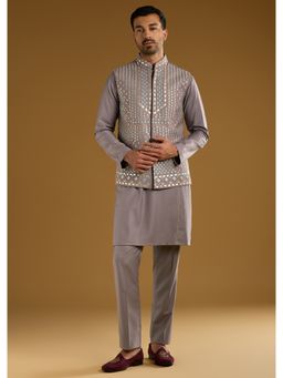KALKI FASHION - Mauve Rayon Kurta Jacket Set for Men with Resham and Gota Work