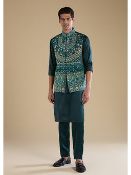 KALKI FASHION - Teal Silk Jacket Kurta Set with Mirror Work