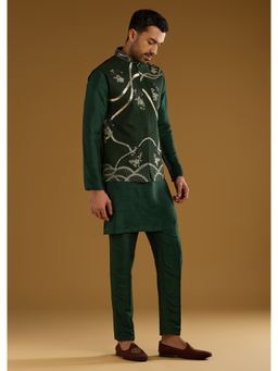 KALKI FASHION - Dark Green Silk Kurta Jacket Set for Men with Gota Work