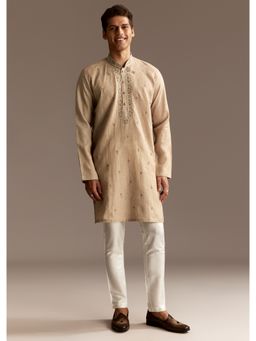 KALKI FASHION - Beige Linen Threadwork Kurta Set
